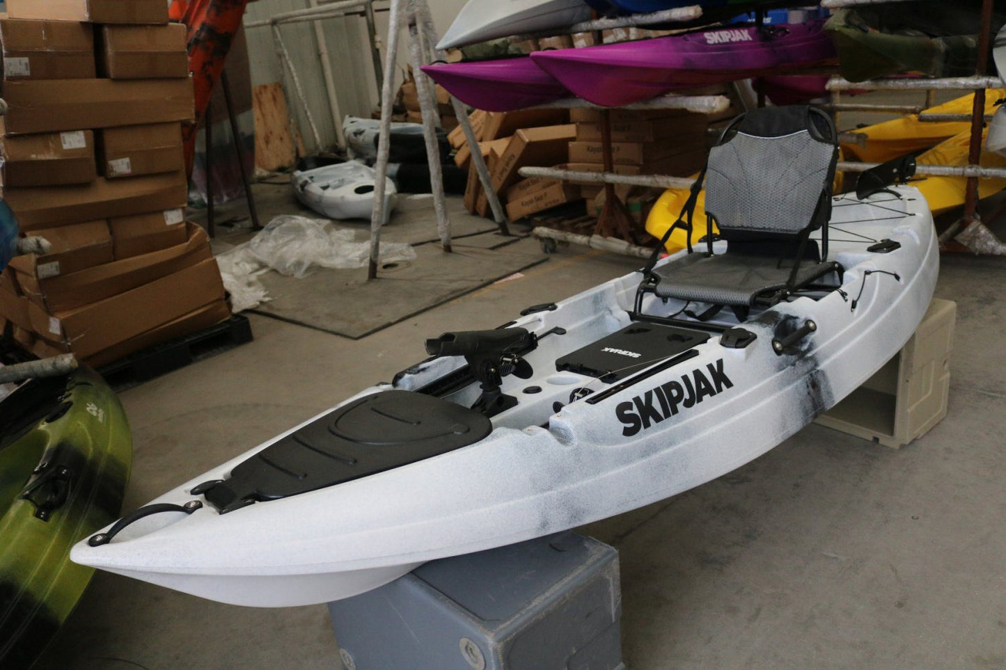 The SkipJak FishJak 10 - Deluxe Sit On Top Kayak Lake Land Kayaks White Black Camo