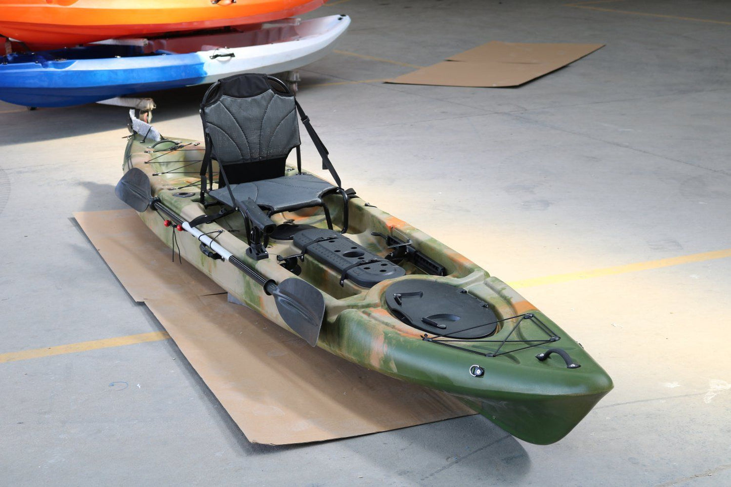 The SkipJak FishJak 14 - Deluxe 14.1 foot Fishing Kayak Lake Land Kayaks Jungle Camo