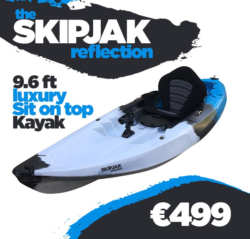 The SkipJak Reflection - 9ft 6 Luxury Sit On Top Kayak Lake Land Kayaks Blue Black & White 